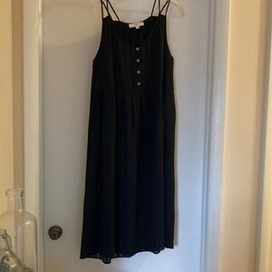 LOFT Black Button-Front Spaghetti Strap Midi Dress